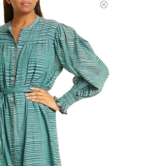 Ulla Johnson Teal Fiora Piplin Cotton Striped Long Sleeve Midi Dress 8 - Picture 3 of 13